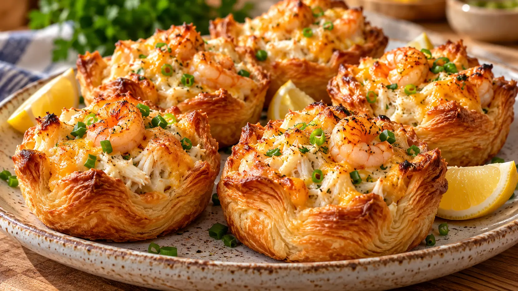 Golden Shrimp and Crab Croissant Cups filled with creamy seafood and melted cheddar.