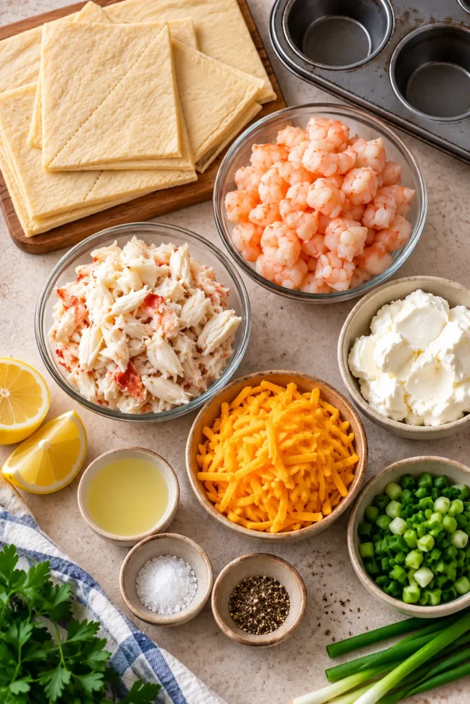 Ingredients for Shrimp and Crab Croissant Cups arranged beside a muffin tin.