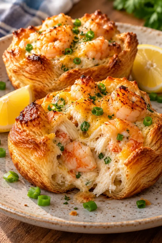 Plated Shrimp and Crab Croissant Cups showing the creamy seafood filling inside.