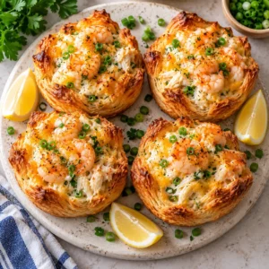 Shrimp and Crab Croissant Cups arranged on a serving board with lemon wedges.