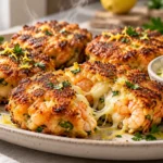 Golden Shrimp Cakes with Lemon Aioli served on a platter with fresh parsley.