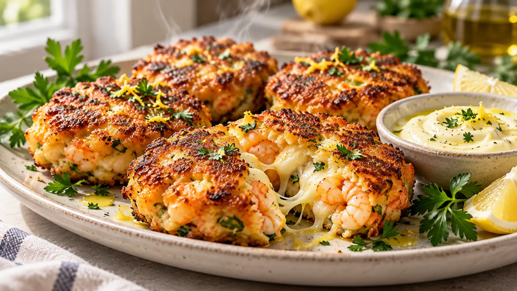 Golden Shrimp Cakes with Lemon Aioli served on a platter with fresh parsley.