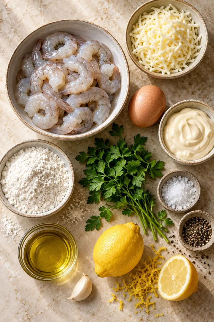 Ingredients for Shrimp Cakes with Lemon Aioli arranged on a light kitchen surface.