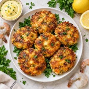 Shrimp Cakes with Lemon Aioli arranged in a square recipe-style food photograph.